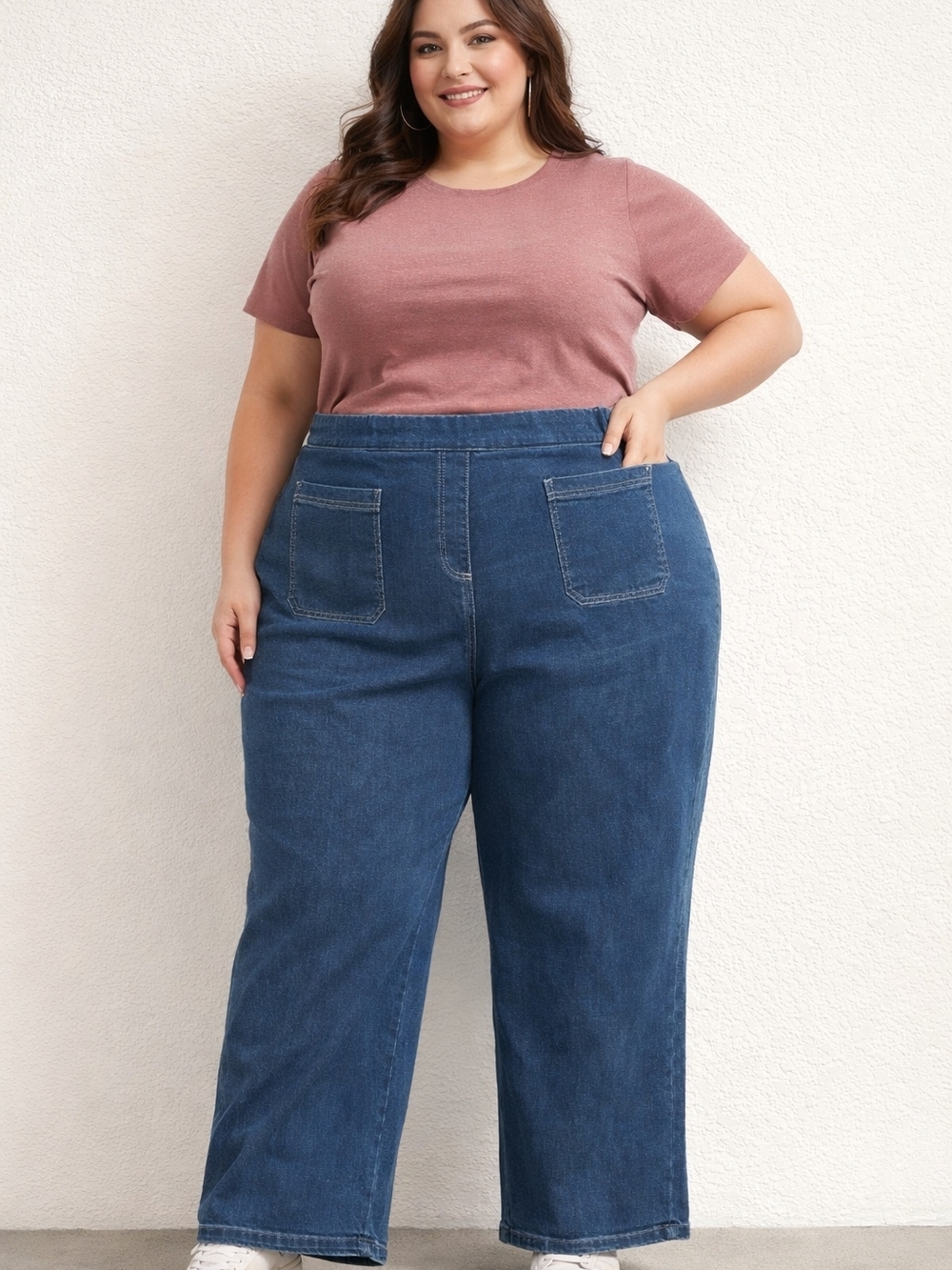 Ruby Rd. Wide-Leg Plus Size Jeans in Dark Blue Denim Stretch Pull On